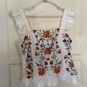 SHEIN White Ruffled Floral Embroidered Square Neck Cami
